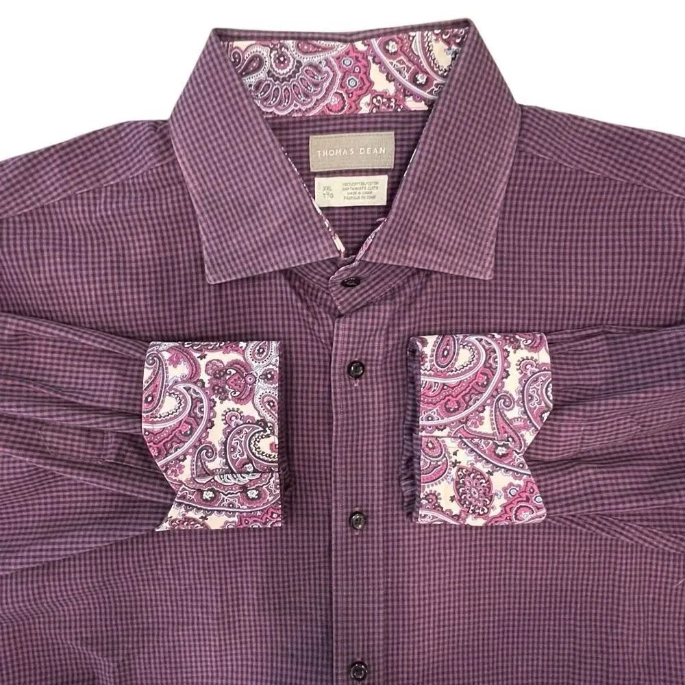 Thomas Dean Men's Plaid 100% Cotton Long Sleeve Button Up Shirt Purple Size XXL